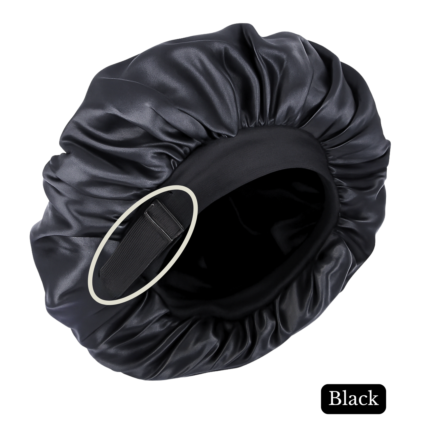 Charmeuse Silk Satin Hair Black for men with a non slip elastic pull on a white background