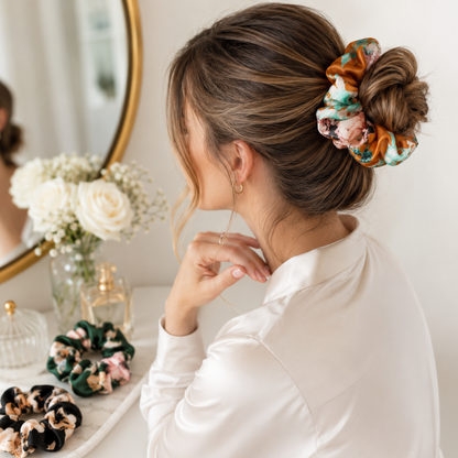 Bloom Satin Scrunchie Trio - 3-Piece Floral Hair Tie Set