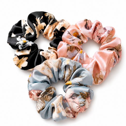 Blossom Satin Scrunchie Trio with Pink Blossom, Sky Blossom, and Midnight Bloom floral prints