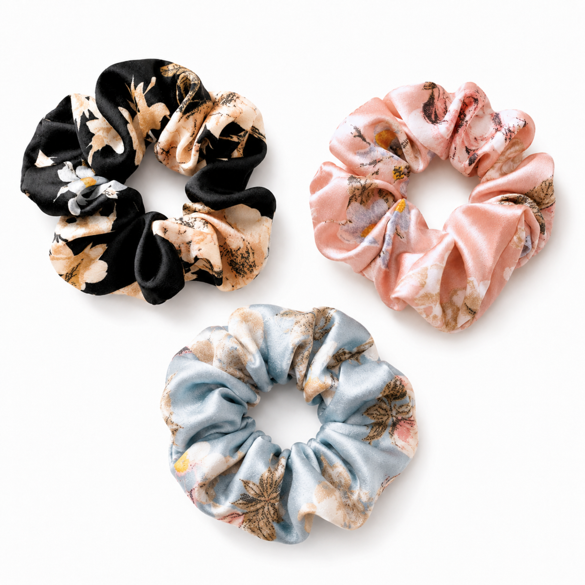 Blossom Satin Scrunchie Trio satin scrunchies styled together