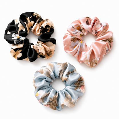 Blossom Satin Scrunchie Trio satin scrunchies styled together