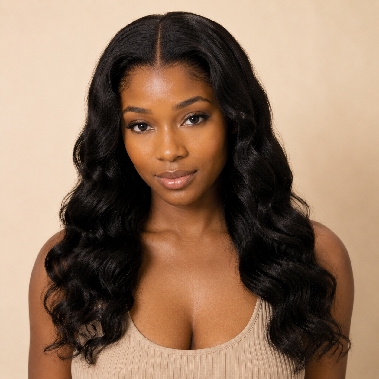 Black woman wearing a natural black body wave lace closure with a seamless center part