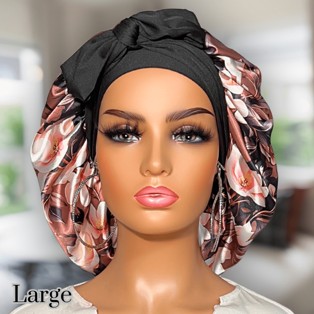 Brown Floral Satin Lined Bonnet with Adjustable Stretch Ties for All Hair Types | Comfortable Satin Sleep Cap - PHC
