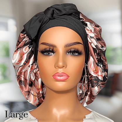 Brown Floral Satin Lined Bonnet with Adjustable Stretch Ties for All Hair Types | Comfortable Satin Sleep Cap - PHC