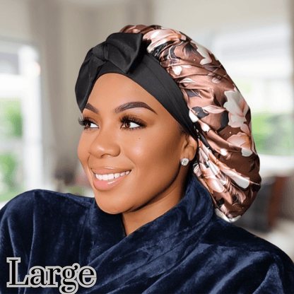 Brown Floral Satin Lined Bonnet with Adjustable Stretch Ties for All Hair Types | Comfortable Satin Sleep Cap - PHC