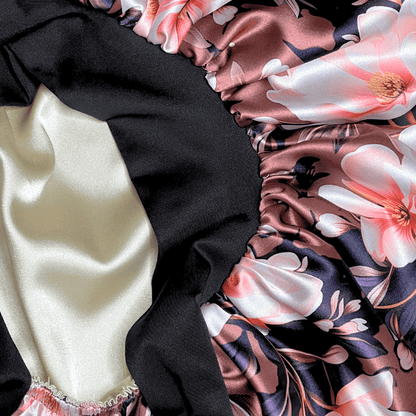 Brown Floral Satin Lined Bonnet with Adjustable Stretch Ties for All Hair Types | Comfortable Satin Sleep Cap - PHC