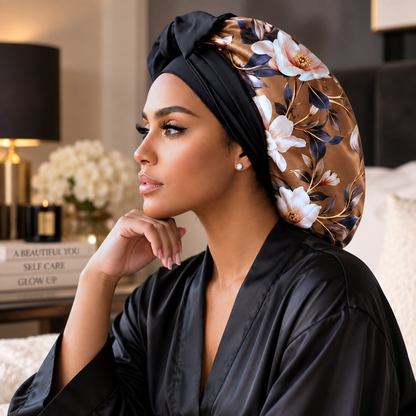 Brown Magnolias silk-blend satin bonnet with stretch ties, large size – side profile showing the floral print and black tie band, bedroom setting