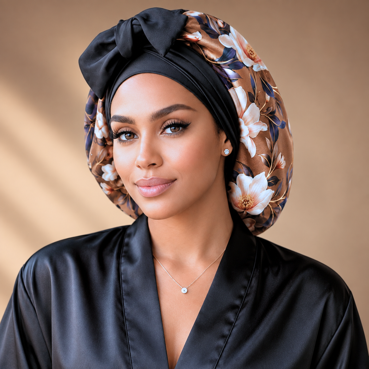 Brown Magnolias silk-blend satin bonnet with stretch ties – front view of the floral print with black bow, worn with a black satin robe