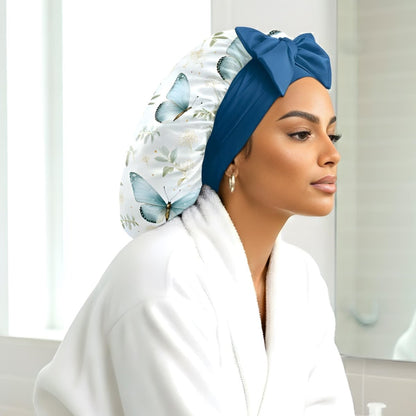 Floral Butterfly Print Reversible Satin-Lined Stretch Tie Bonnet - PHC-adjustable ties -