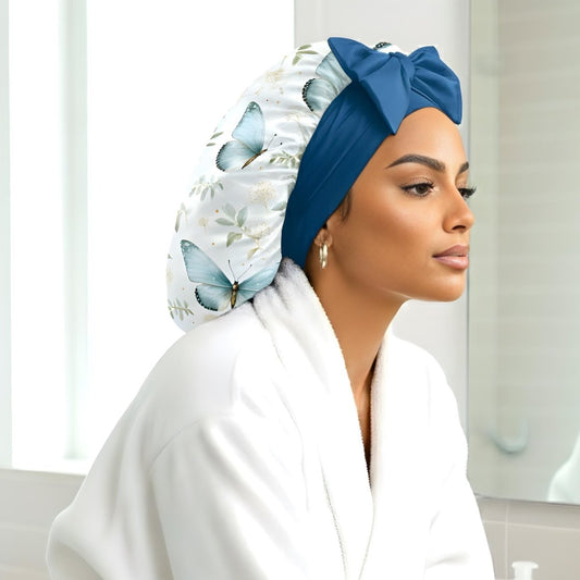Floral Butterfly Print Reversible Satin-Lined Stretch Tie Bonnet - PHC-adjustable ties -
