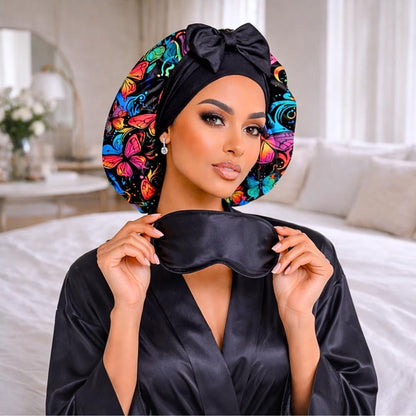 Butterfly Print Silk Infused Satin Bonnet Gift Set with Black Sleep Mask & Scrunchie - PHC