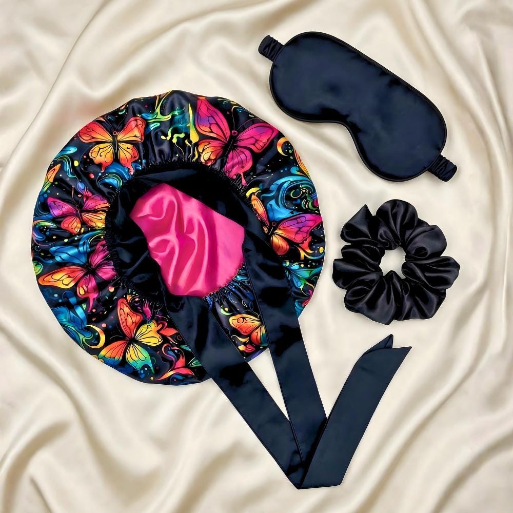 Butterfly Print Silk Infused Satin Bonnet Gift Set with Black Sleep Mask & Scrunchie - PHC