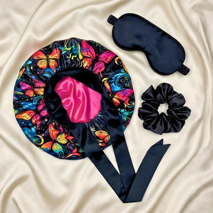 Butterfly Print Silk Infused Satin Bonnet Gift Set with Black Sleep Mask & Scrunchie - PHC