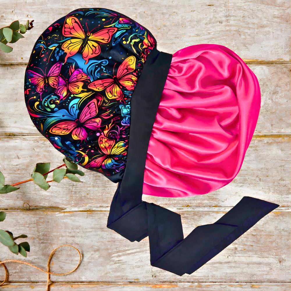 Butterfly Print Silk Infused Satin Bonnet Gift Set with Black Sleep Mask & Scrunchie - PHC