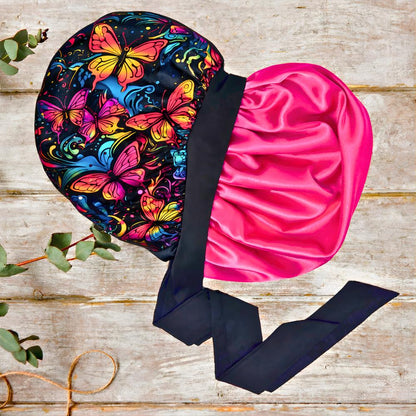 Butterfly Print Silk Infused Satin Bonnet Gift Set with Black Sleep Mask & Scrunchie - PHC