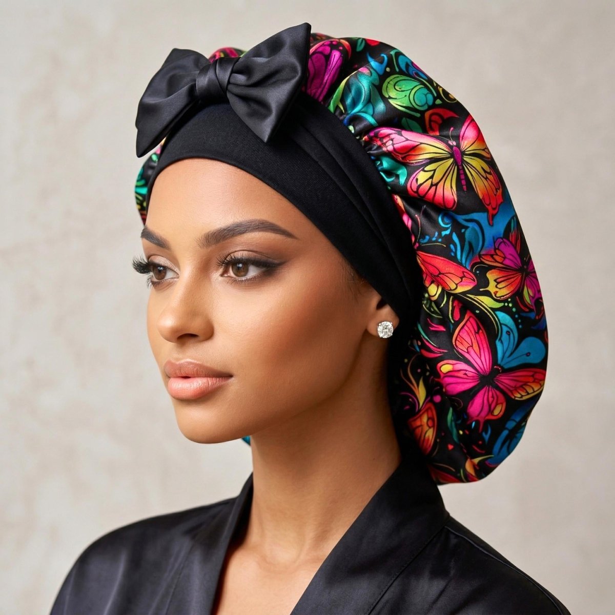 Butterfly Print Silk Infused Satin Bonnet Gift Set with Black Sleep Mask & Scrunchie - PHC