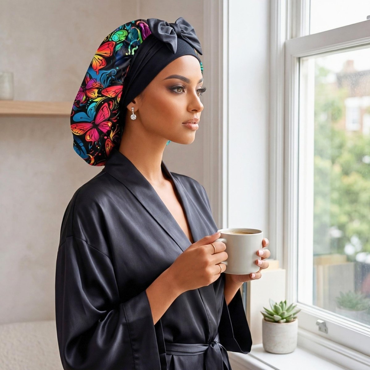 Butterfly Print Silk Infused Satin Bonnet Gift Set with Black Sleep Mask & Scrunchie - PHC