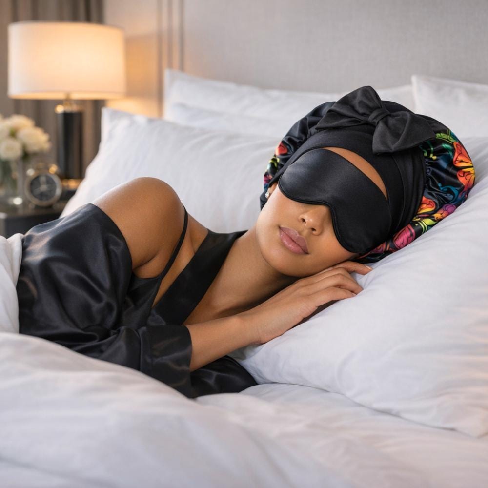 Butterfly Print Silk Infused Satin Bonnet Gift Set with Black Sleep Mask & Scrunchie - PHC