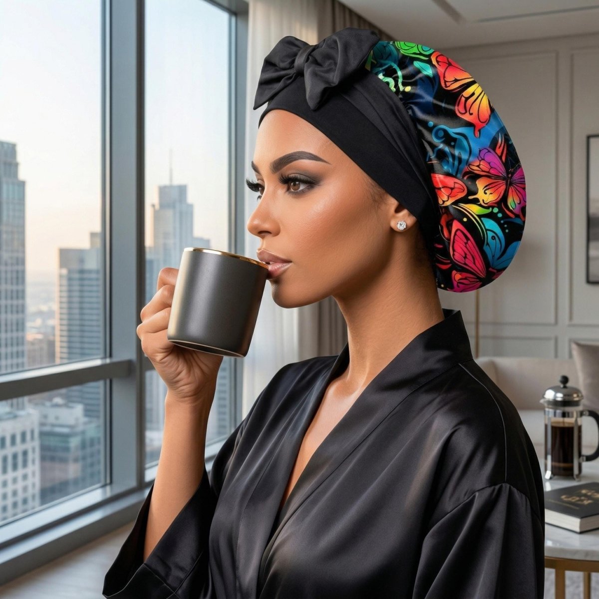 Butterfly Print Silk Infused Satin Bonnet Gift Set with Black Sleep Mask & Scrunchie - PHC