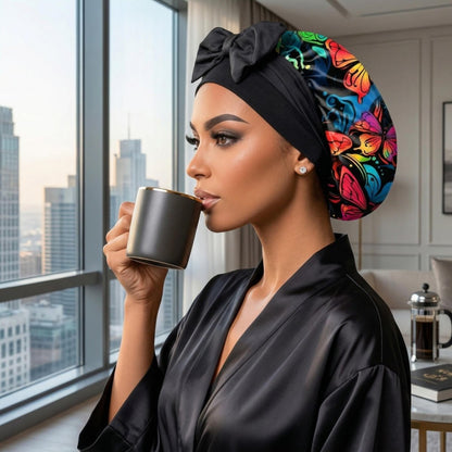 Butterfly Print Silk Infused Satin Bonnet Gift Set with Black Sleep Mask & Scrunchie - PHC
