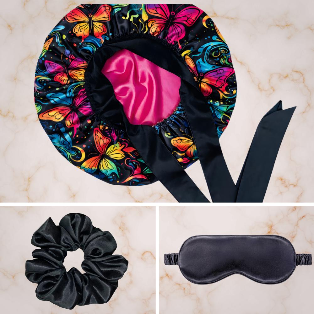Butterfly Print Silk Infused Satin Bonnet Gift Set with Black Sleep Mask & Scrunchie - PHC