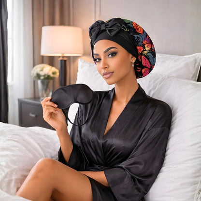 Butterfly Print Silk Infused Satin Bonnet Gift Set with Black Sleep Mask & Scrunchie - PHC