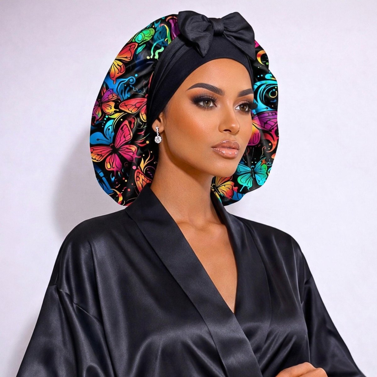Butterfly Print Silk Infused Satin Bonnet Gift Set with Black Sleep Mask & Scrunchie - PHC