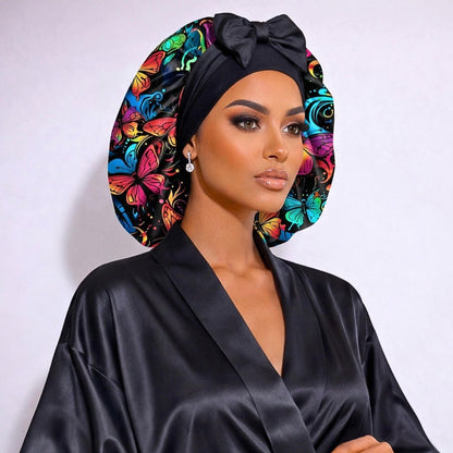 Butterfly Print Silk Infused Satin Bonnet Gift Set with Black Sleep Mask & Scrunchie - PHC