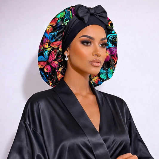 Graffiti Butterfly Original Stretch Tie satin bonnet by Prince Hair Company — adjustable, stays on all night for curls, braids & locs