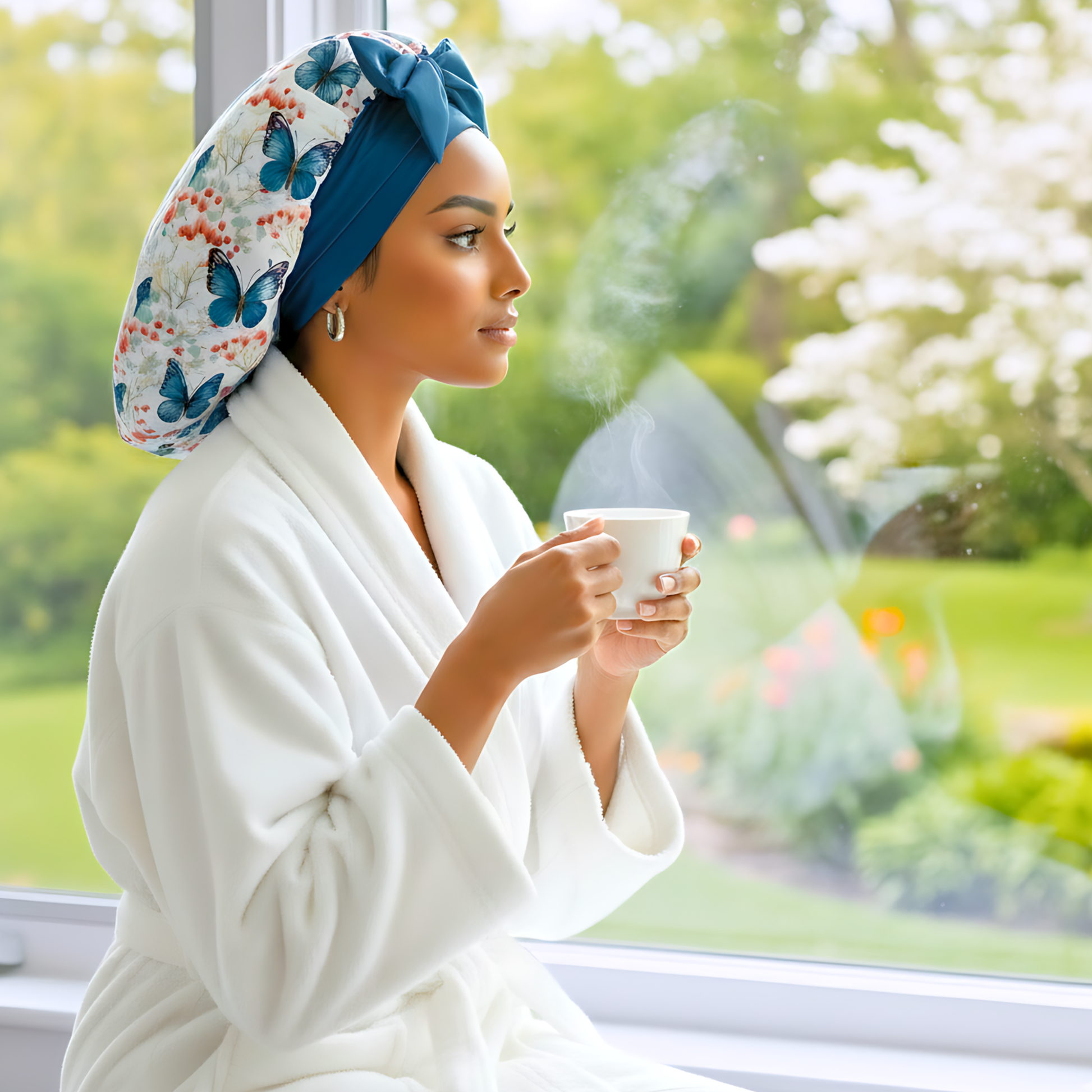 A woman sits by a large window wearing a white robe and a blue butterfly-print satin bonnet with a matching bow. She gently holds a steaming cup of coffee, gazing outside at a lush green garden in the morning light. The scene feels calm and peaceful, capturing a quiet self-care moment.
