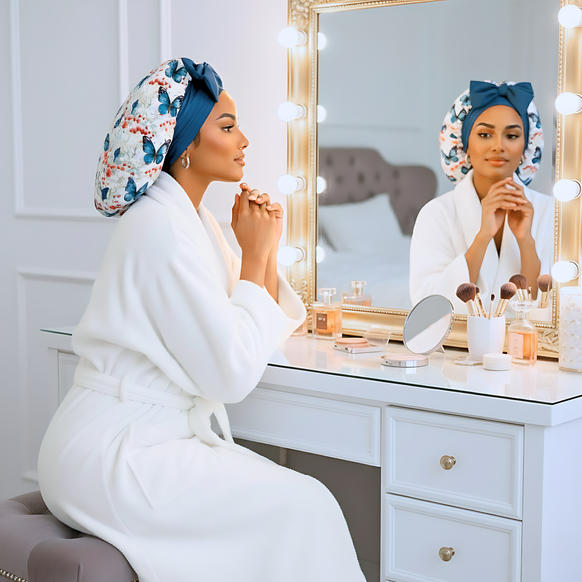 A woman sits gracefully at a vanity mirror wearing a white robe and a blue butterfly-print satin bonnet with a matching bow. Surrounded by soft lighting and beauty products, she admires her reflection with a calm, confident expression, creating a serene self-care and getting-ready moment.
