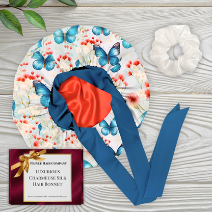 Gift Wrapped Silk Satin Sleep Bonnet & Scrunchie Set | Charmeuse Print | Adjustable Stretch Tie | Handmade in USA
