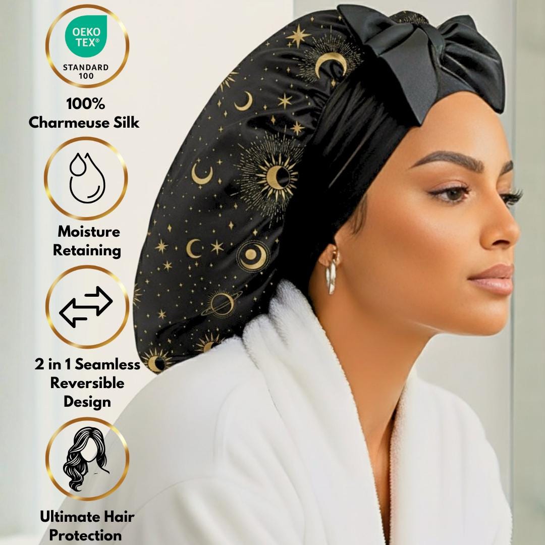 Celestial Print Reversible Stretch Tie Satin Bonnet | Small & Large Sizes - PHC