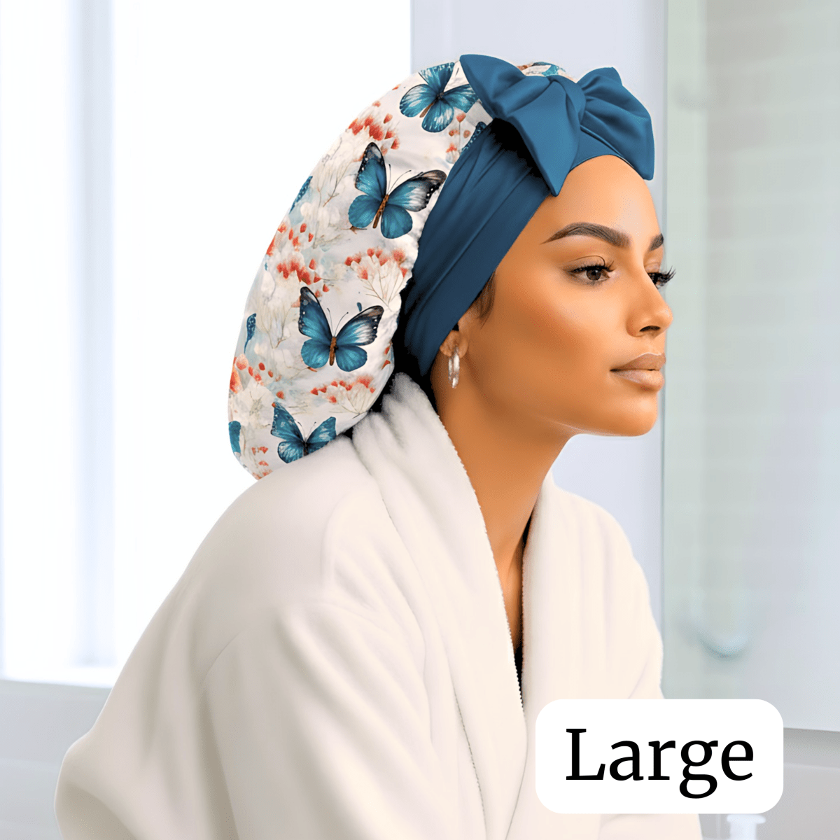 Butterfly Bloom Print Reversible Stretch Tie Satin Bonnet - PHC, adjustable silk bonnet, Large (38.5 - 40 cm)