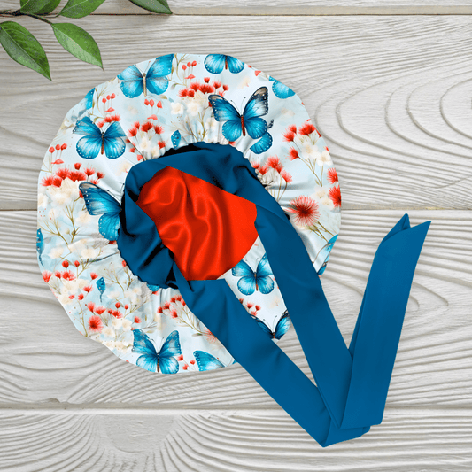 Butterfly Bloom Print Reversible Stretch Tie Satin Bonnet - PHC, adjustable silk bonnet,