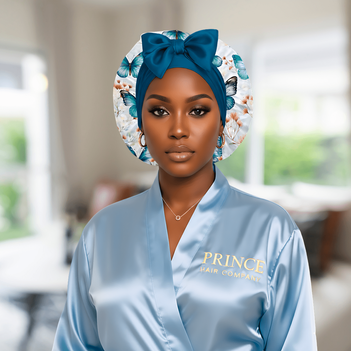 Butterfly Bloom Print Reversible Stretch Tie Satin Bonnet - PHC, adjustable silk bonnet, Small (32.5 -33.5 cm)