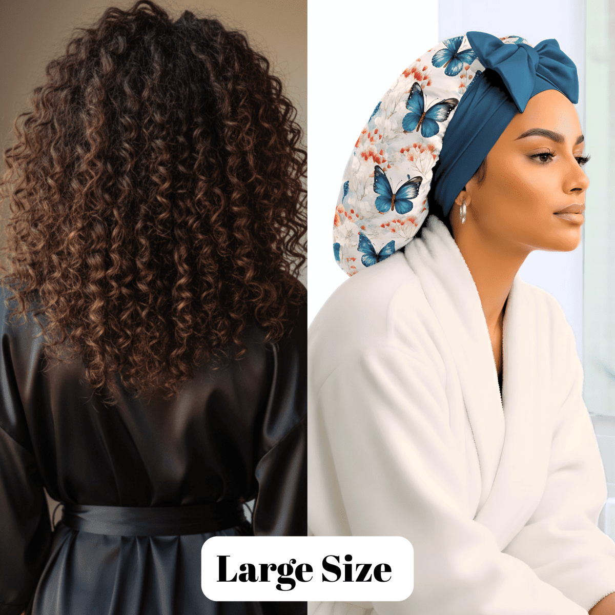 Butterfly Bloom Print Reversible Stretch Tie Satin Bonnet - PHC, adjustable silk bonnet,