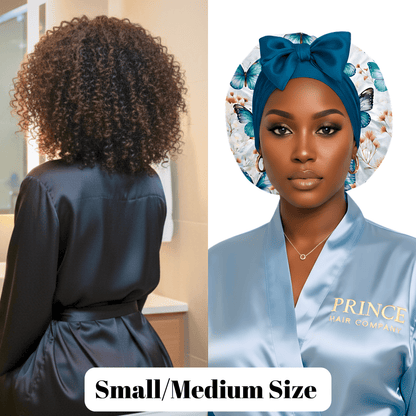 Butterfly Bloom Print Reversible Stretch Tie Satin Bonnet - PHC, adjustable silk bonnet,