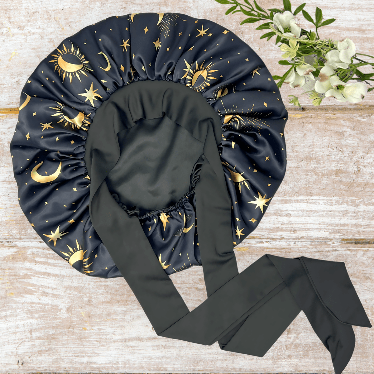Charmeuse Silk Satin Bonnet with Adjustable Stretch Ties for All Hair Types | Comfortable Cosmic Celestial Print Satin Sleep Cap for Natural, Curly, Coily, Wavy, and Straight Hair - PHC