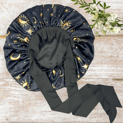 Charmeuse Silk Satin Bonnet with Adjustable Stretch Ties for All Hair Types | Comfortable Cosmic Celestial Print Satin Sleep Cap for Natural, Curly, Coily, Wavy, and Straight Hair - PHC
