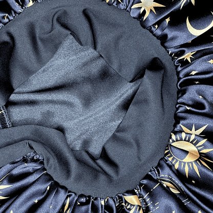 Charmeuse Silk Satin Bonnet with Adjustable Stretch Ties for All Hair Types | Comfortable Cosmic Celestial Print Satin Sleep Cap for Natural, Curly, Coily, Wavy, and Straight Hair - PHC