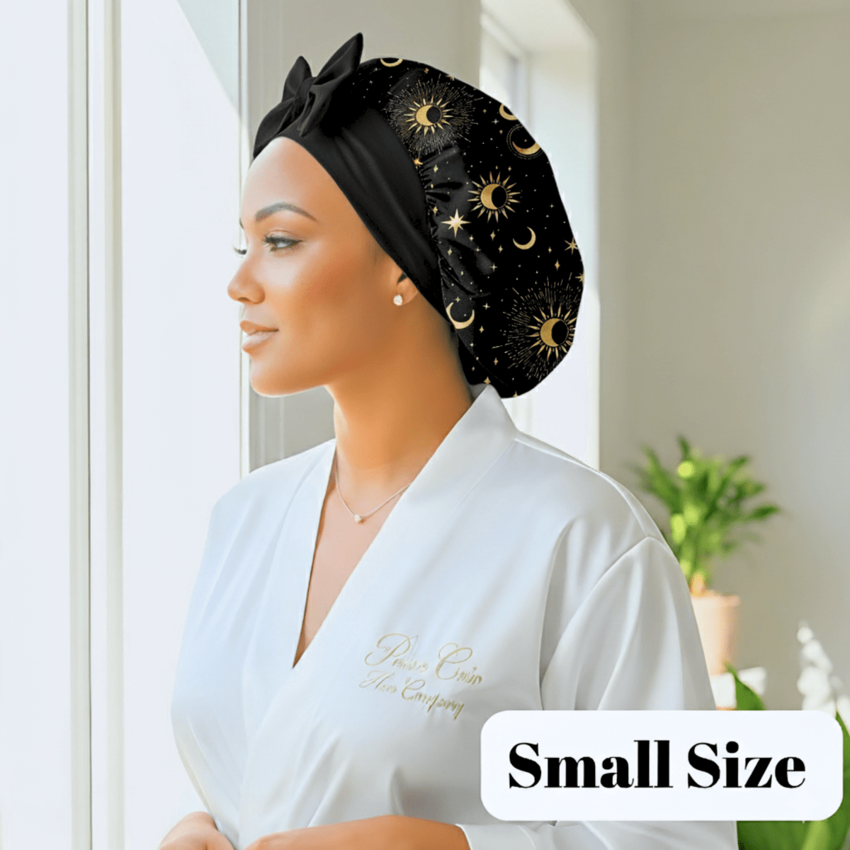 Charmeuse Silk Satin Bonnet with Adjustable Stretch Ties for All Hair Types | Comfortable Cosmic Celestial Print Satin Sleep Cap for Natural, Curly, Coily, Wavy, and Straight Hair - PHC