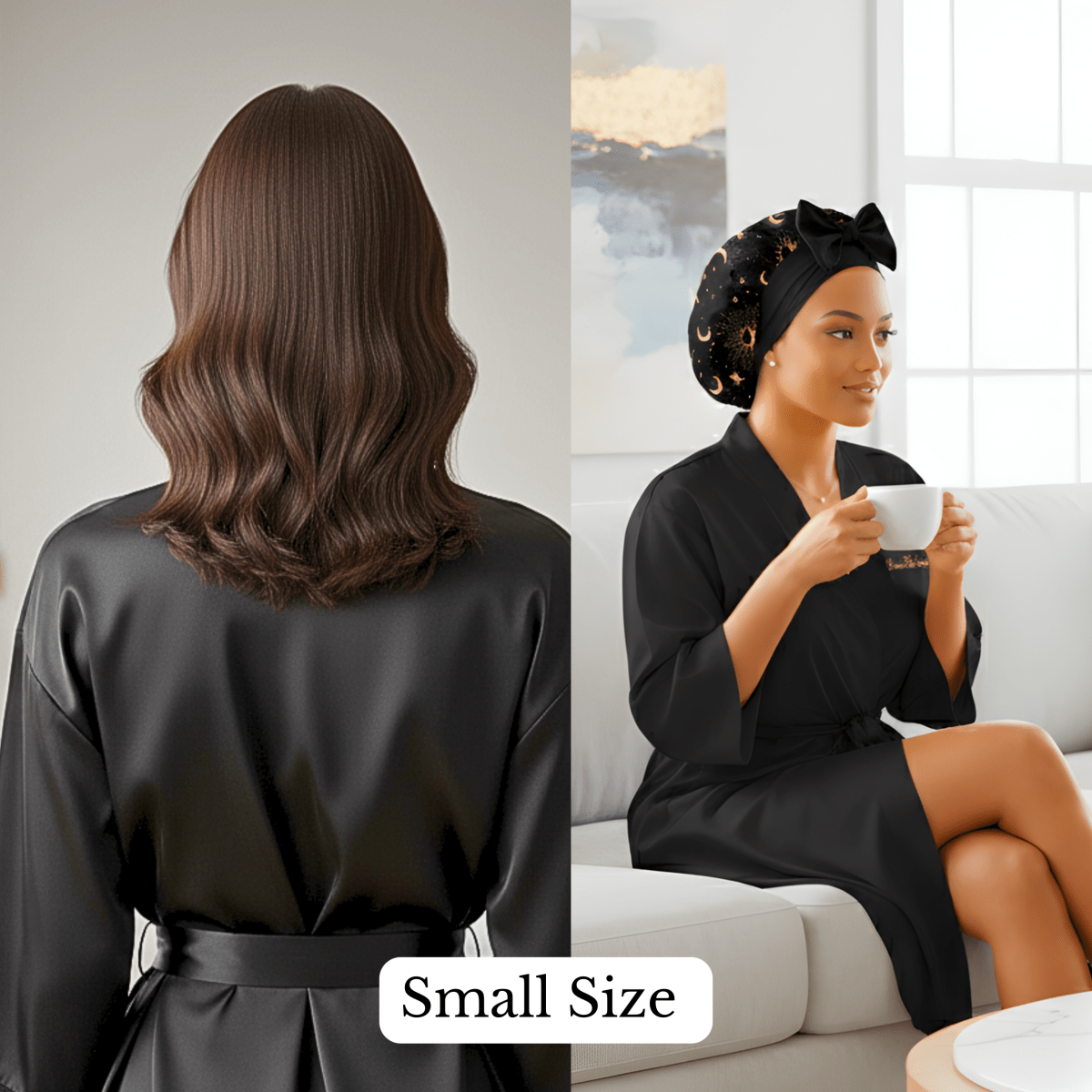 Charmeuse Silk Satin Bonnet with Adjustable Stretch Ties for All Hair Types | Comfortable Cosmic Celestial Print Satin Sleep Cap for Natural, Curly, Coily, Wavy, and Straight Hair - PHC