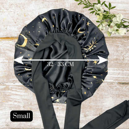 Charmeuse Silk Satin Bonnet with Adjustable Stretch Ties for All Hair Types | Comfortable Cosmic Celestial Print Satin Sleep Cap for Natural, Curly, Coily, Wavy, and Straight Hair - PHC