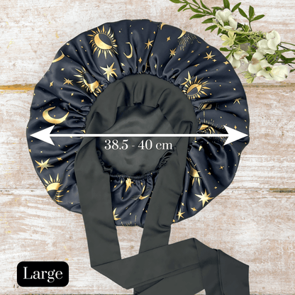 Charmeuse Silk Satin Bonnet with Adjustable Stretch Ties for All Hair Types | Comfortable Cosmic Celestial Print Satin Sleep Cap for Natural, Curly, Coily, Wavy, and Straight Hair - PHC