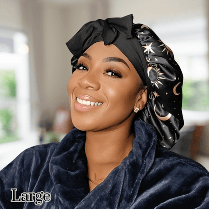 Charmeuse Silk Satin Bonnet with Adjustable Stretch Ties for All Hair Types | Comfortable Cosmic Celestial Print Satin Sleep Cap for Natural, Curly, Coily, Wavy, and Straight Hair - PHC