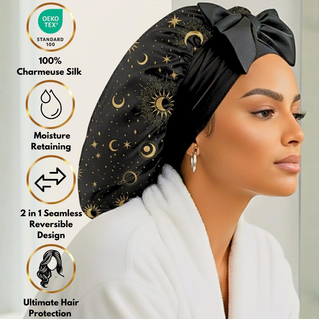 Charmeuse Silk Satin Sleep Bonnet & Scrunchie Set | Starry Night Print - PHC
