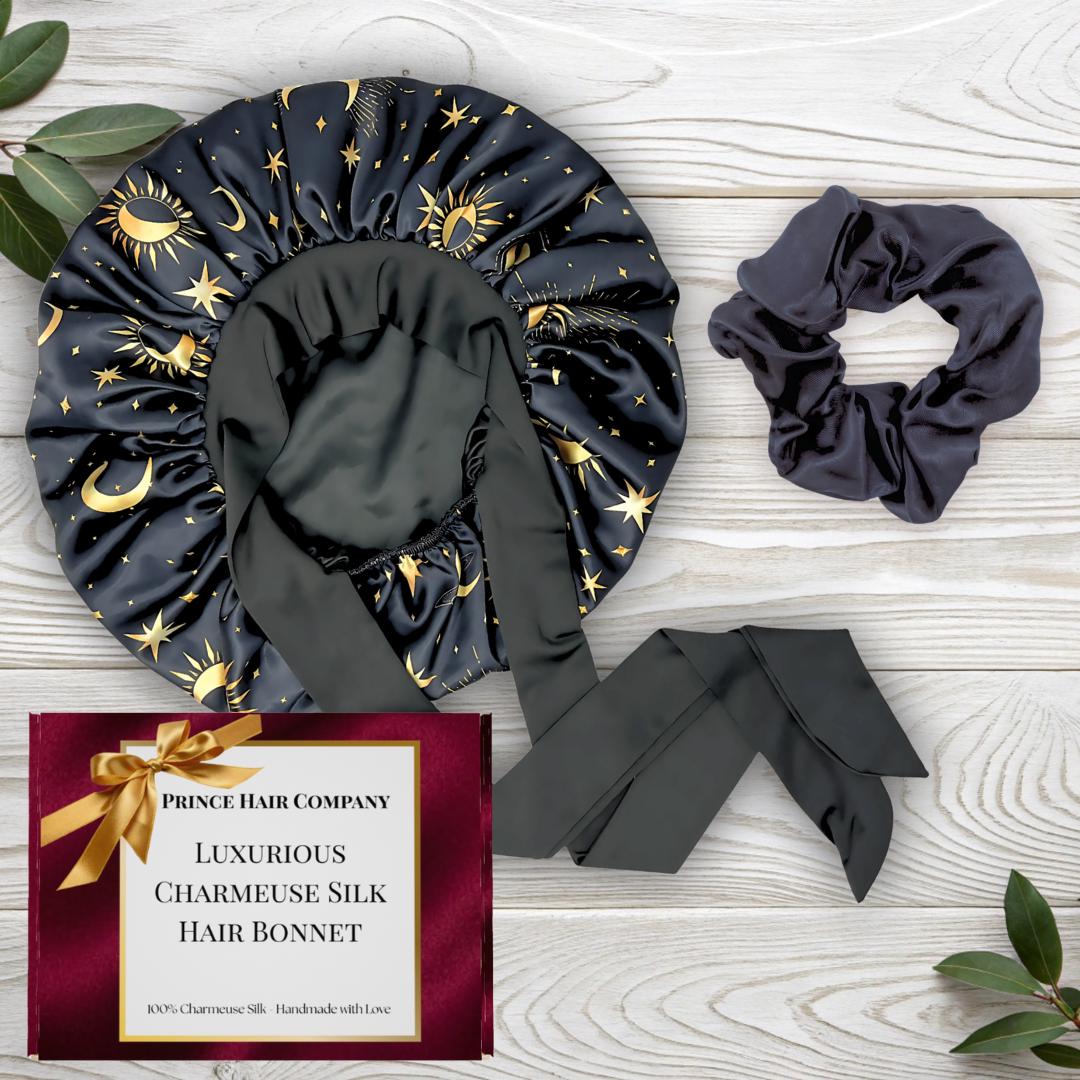 Charmeuse Silk Satin Sleep Bonnet & Scrunchie Set | Starry Night Print - PHC