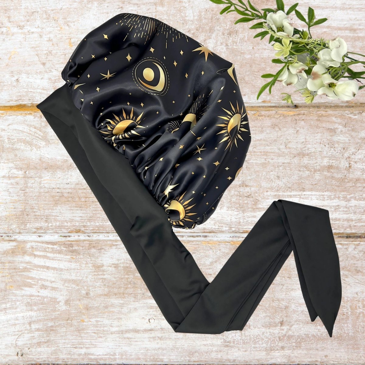 Charmeuse Silk Satin Sleep Bonnet & Scrunchie Set | Starry Night Print - PHC