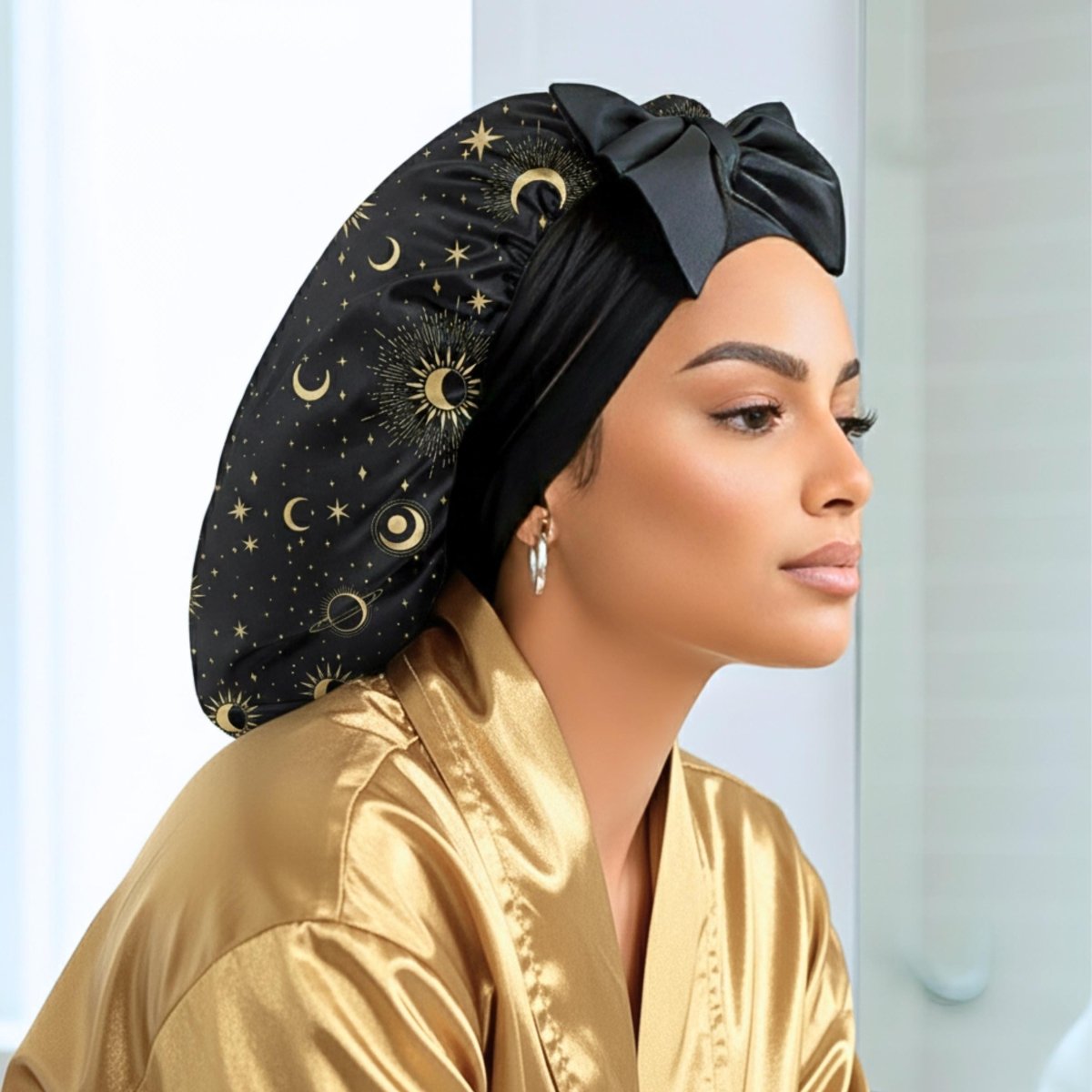 Charmeuse Silk Satin Sleep Bonnet & Scrunchie Set | Starry Night Print - PHC